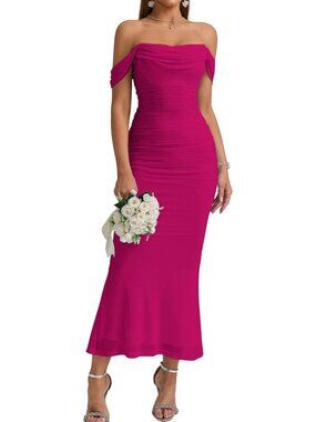 Women's Hot Pink Corset Ruched Off The Shoulder Bodycon Cocktail Maxi Dress